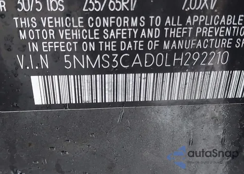 2020 Hyundai Santa Fe Sel from USA, damaged, VIN 5NMS3CAD0LH292210